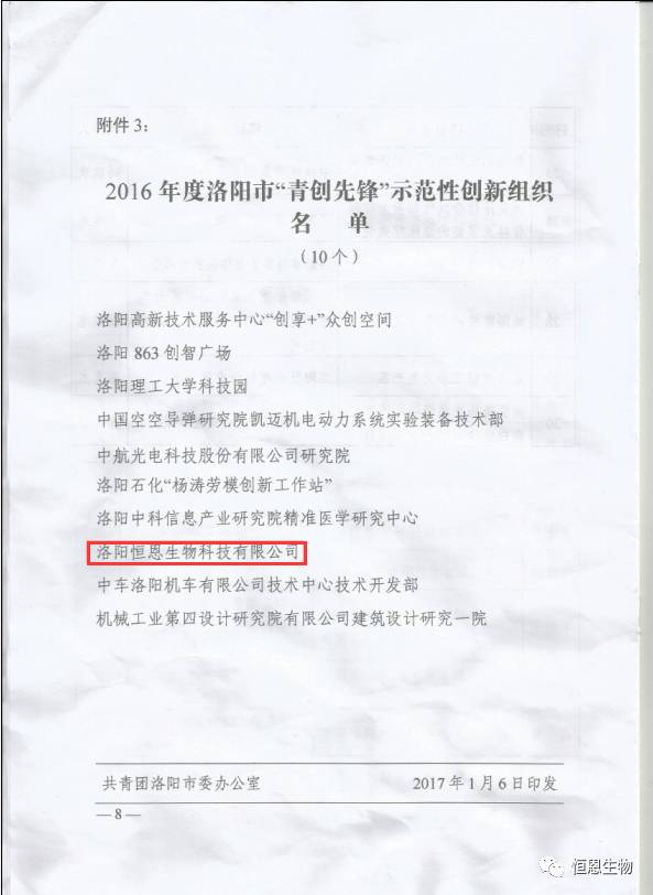 恭賀恒恩生(shēng)物榮獲洛陽市“青創先鋒”示範性創新組織